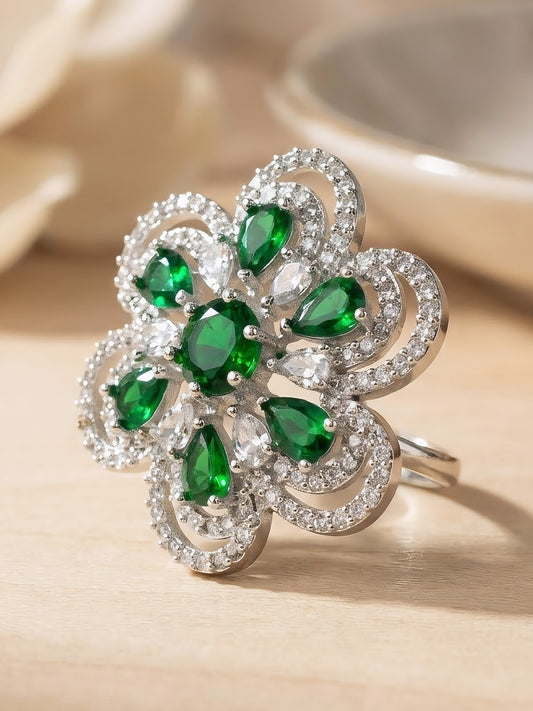 Silver Plated Green AD Floral Adjustable Finger Ring for Women