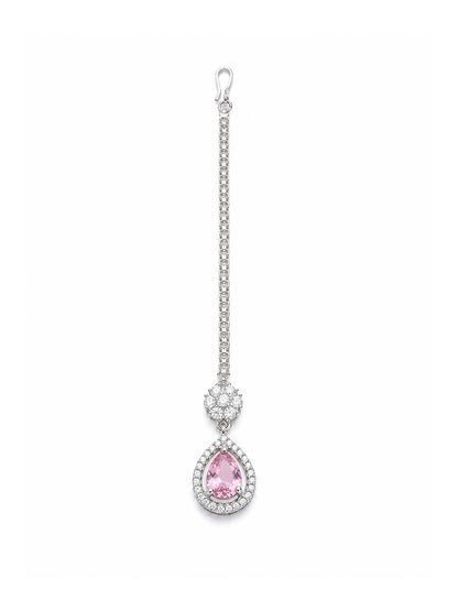 Silver Plated Pink AD Maang Tikka for Women
