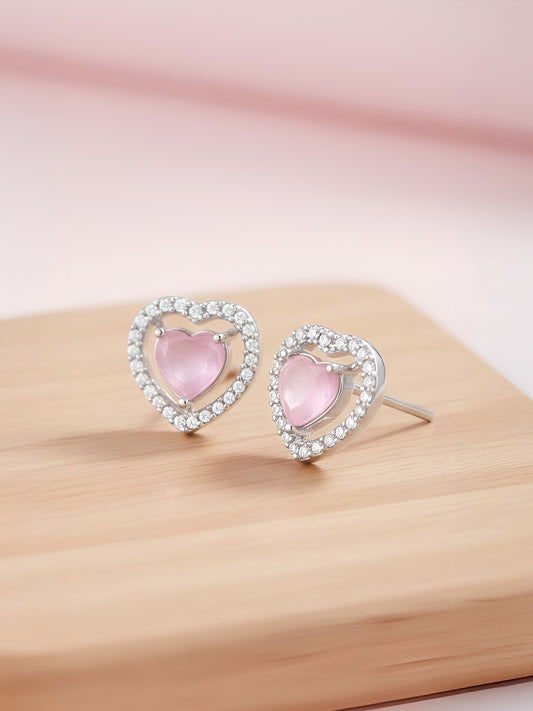 Silver Plated Pink AD Heart Stud Earrings for women