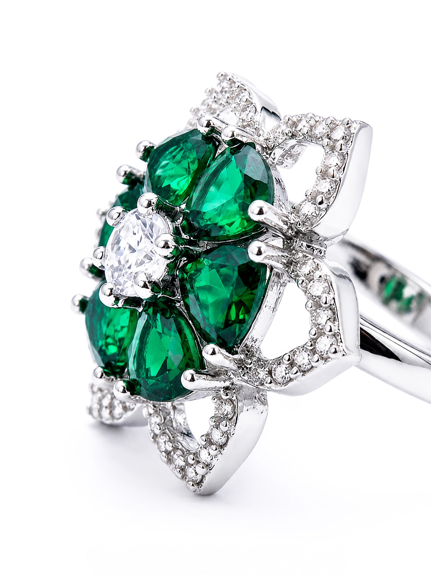Rhodium Plated Green AD Floral Finger Ring for Women