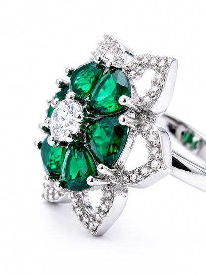 Rhodium Plated Green AD Floral Finger Ring for Women