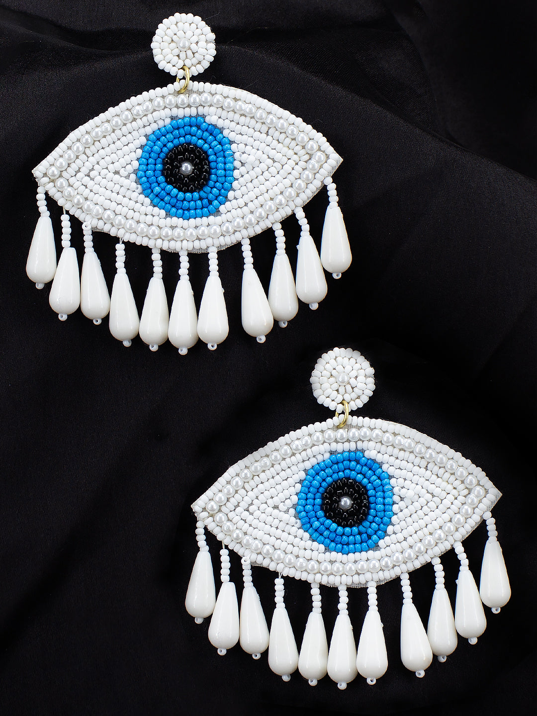 Evil Eye White, Blue & Back Beaded Drop Quirky Earrings