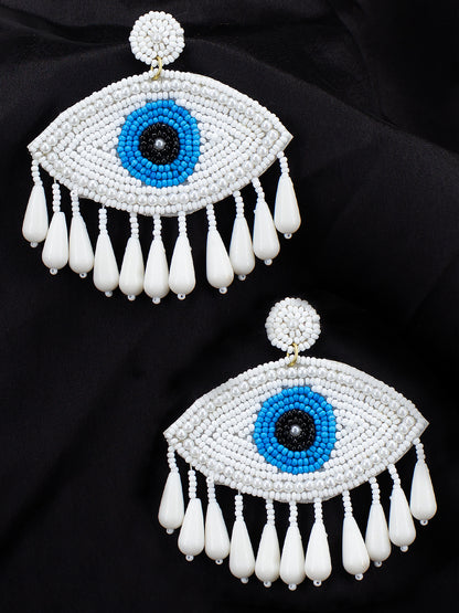 Evil Eye White, Blue & Back Beaded Drop Quirky Earrings