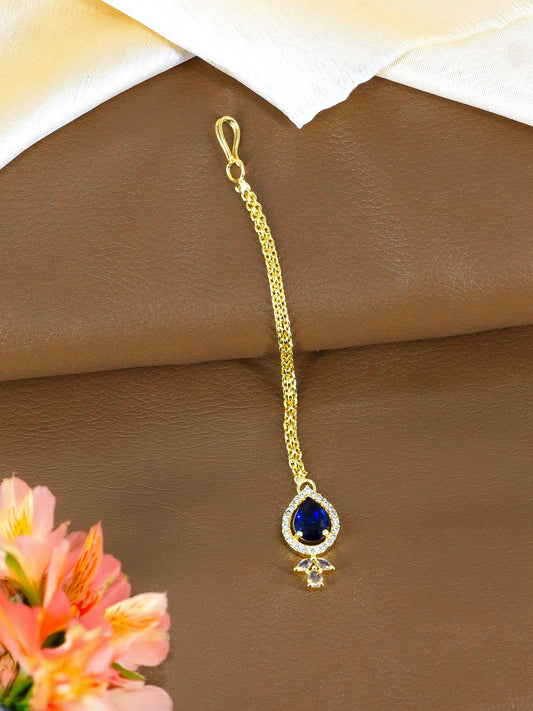 Gold Plated Blue American Diamond Maang Tikka for Women