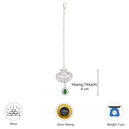 Silver Plated Green AD Peacock Maang Tikka for Women