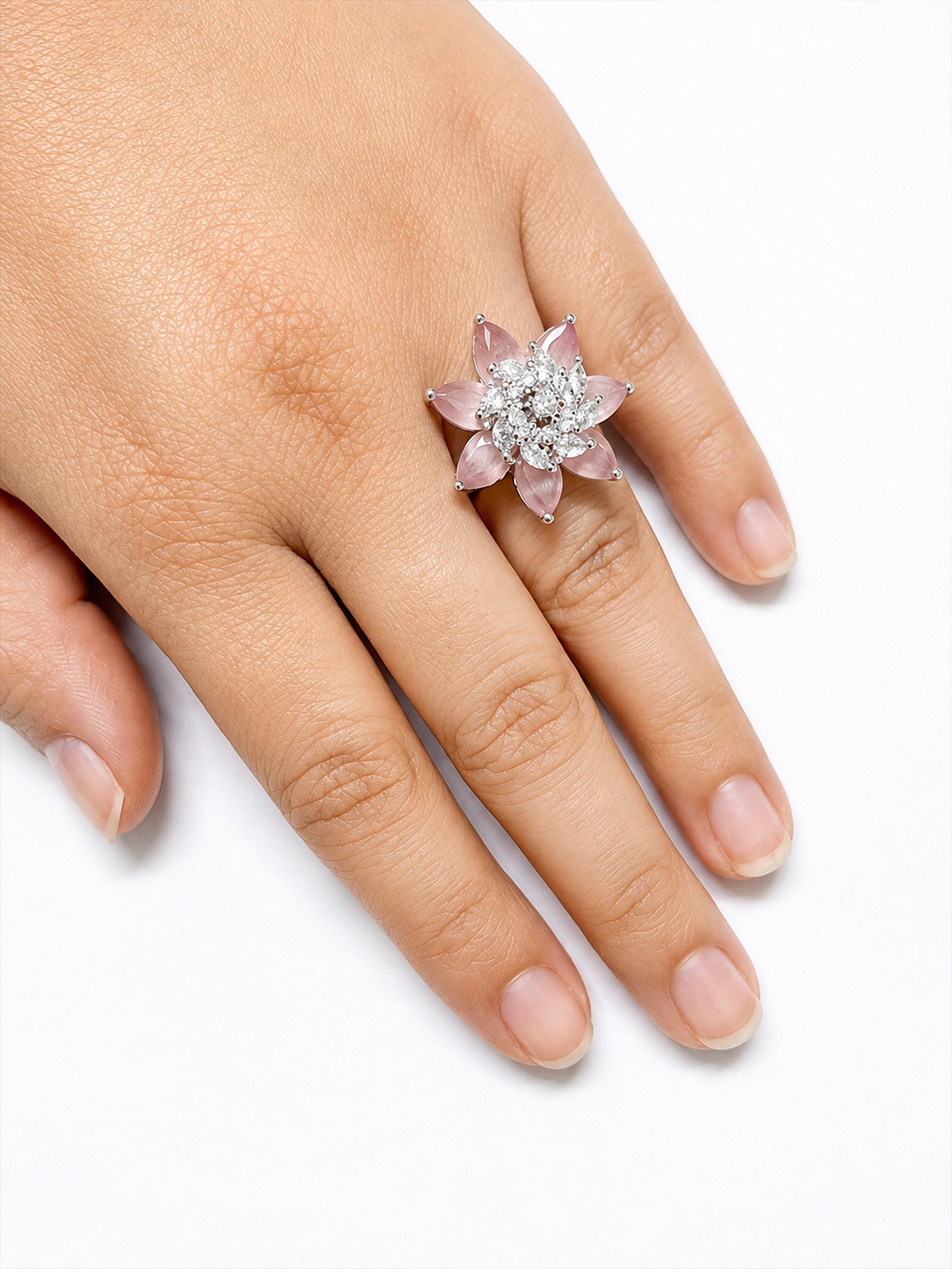 Rhodium Plated Pink AD Floral Finger Ring for Women