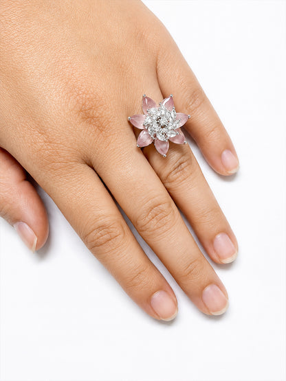 Rhodium Plated Pink AD Floral Finger Ring for Women