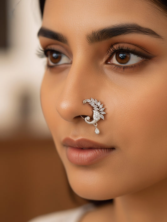 Silver Plated White AD Peacock Nose Ring for Women