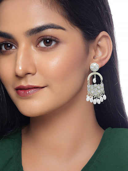 Silver Plated White Artificial Beads & Stones Studded Drop Earrings