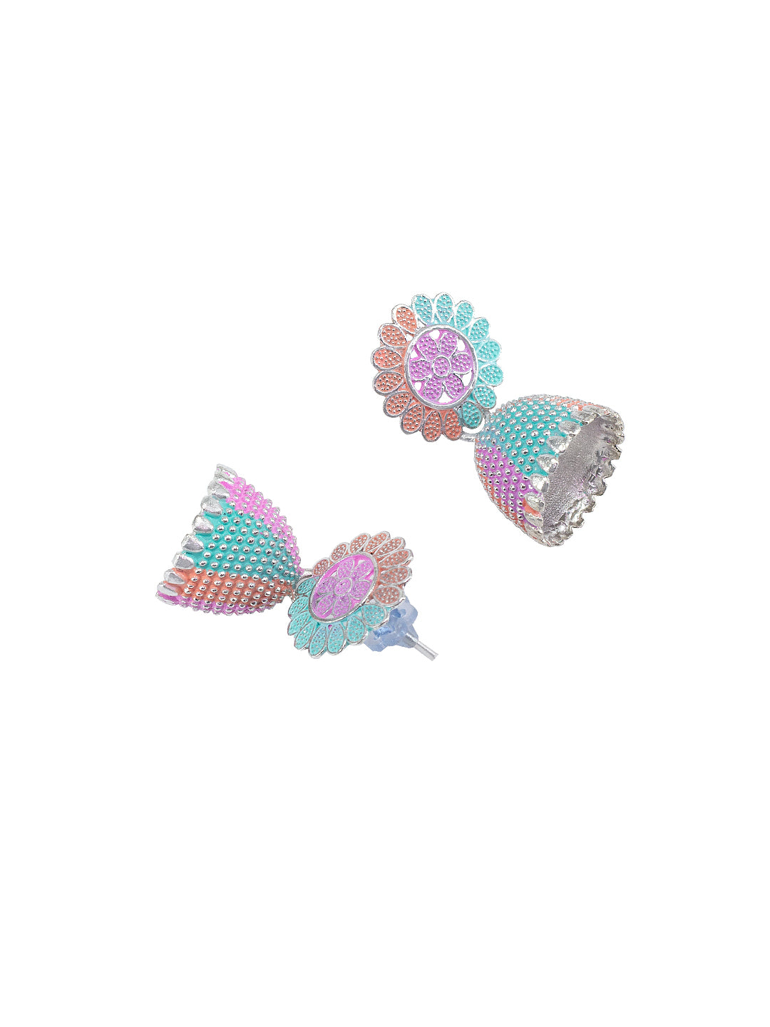 Silver-Plated Floral Pink & Green Jhumki Earrings