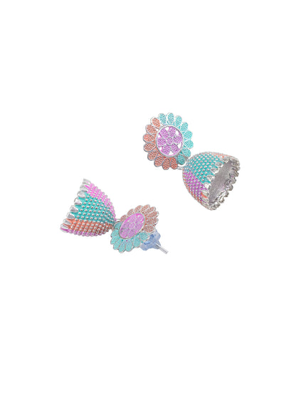 Silver-Plated Floral Pink & Green Jhumki Earrings