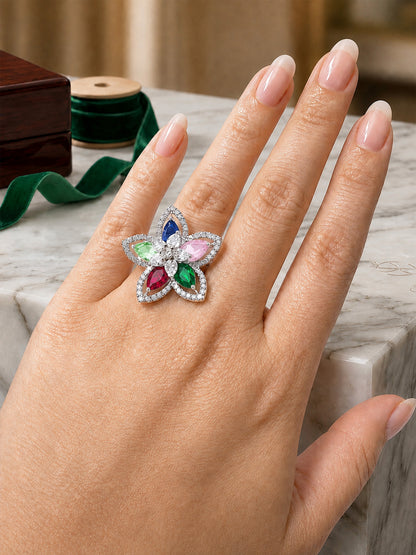 Rhodium Plated Multi AD Floral Finger Ring for Women