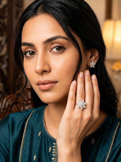 Rhodium Plated AD Floral Finger Ring for Women