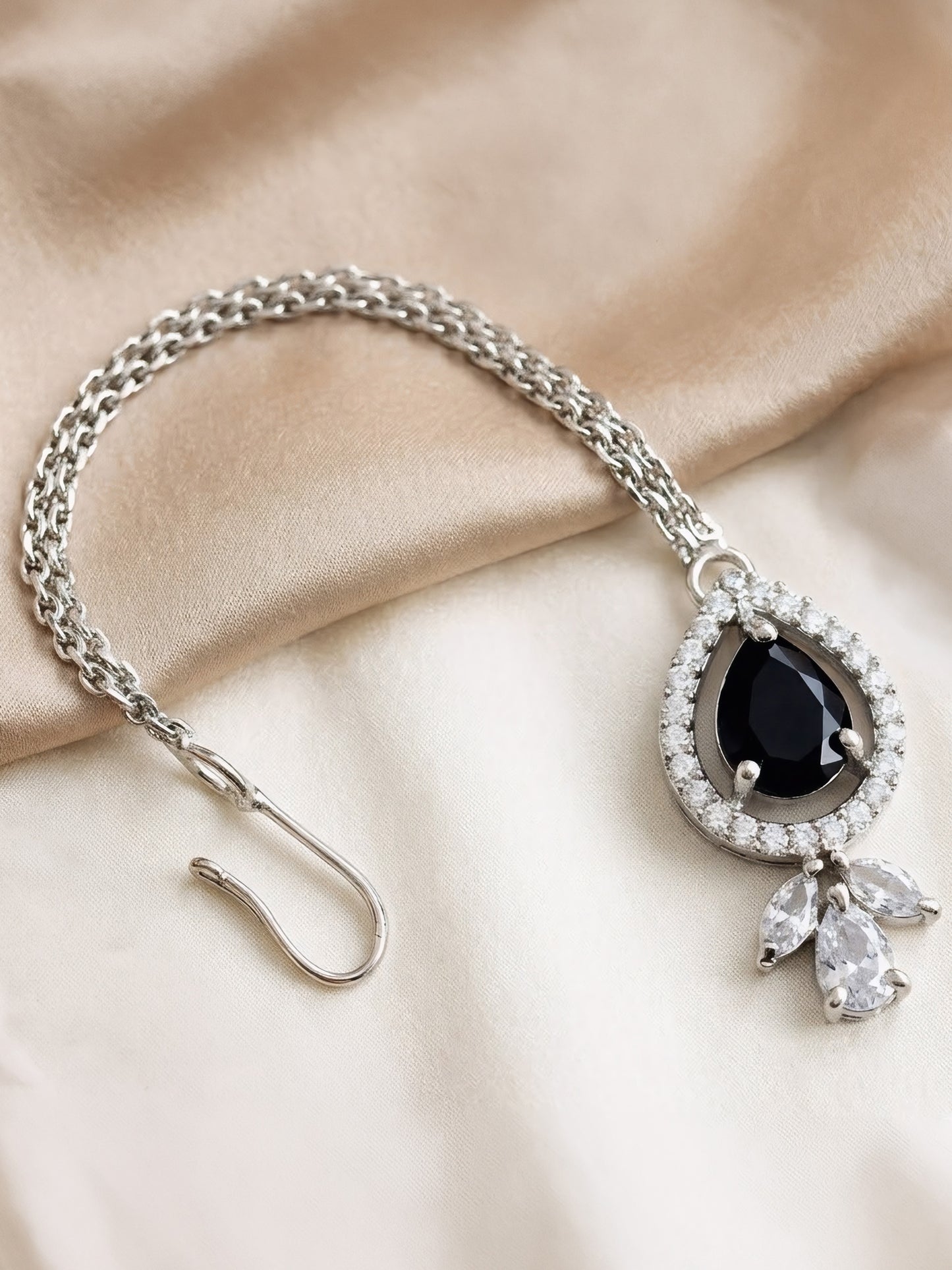 Silver Plated Black AD Maang Tikka for Women