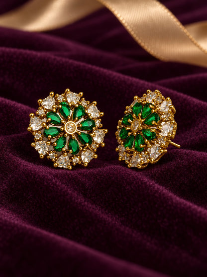 South Indian Gold Plated Green AD Floral Stud Earrings for Women