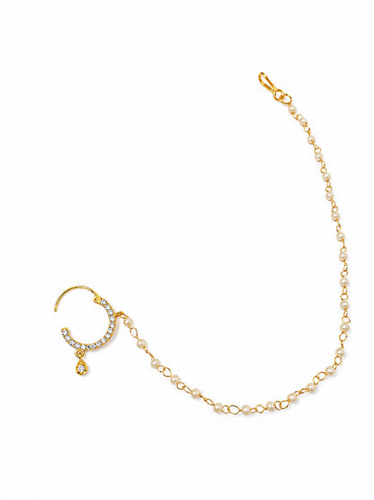 Gold Plated AD Nosering with Pearl Chain for Women