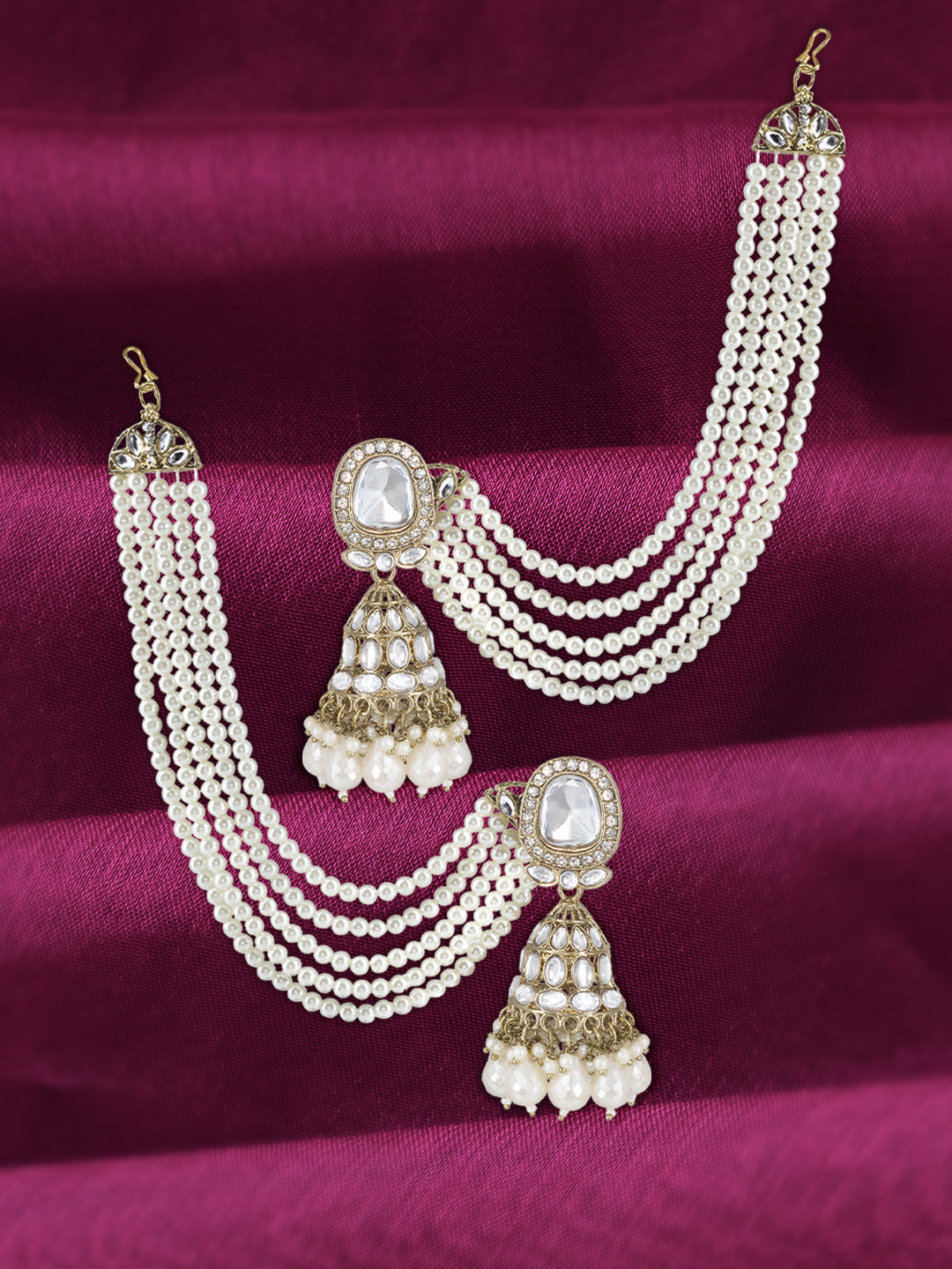 Gold-Plated Kundan-Studded Jhumka Earrings With Pearl-Beaded Hair Chain