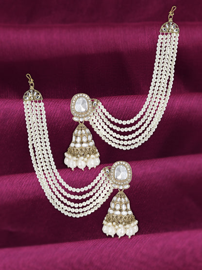 Gold-Plated Kundan-Studded Jhumka Earrings With Pearl-Beaded Hair Chain