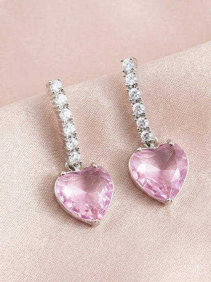 Silver Plated Pink Heart AD Drop Earrings for Women