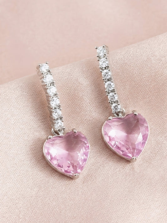 Silver Plated Pink Heart AD Drop Earrings for Women