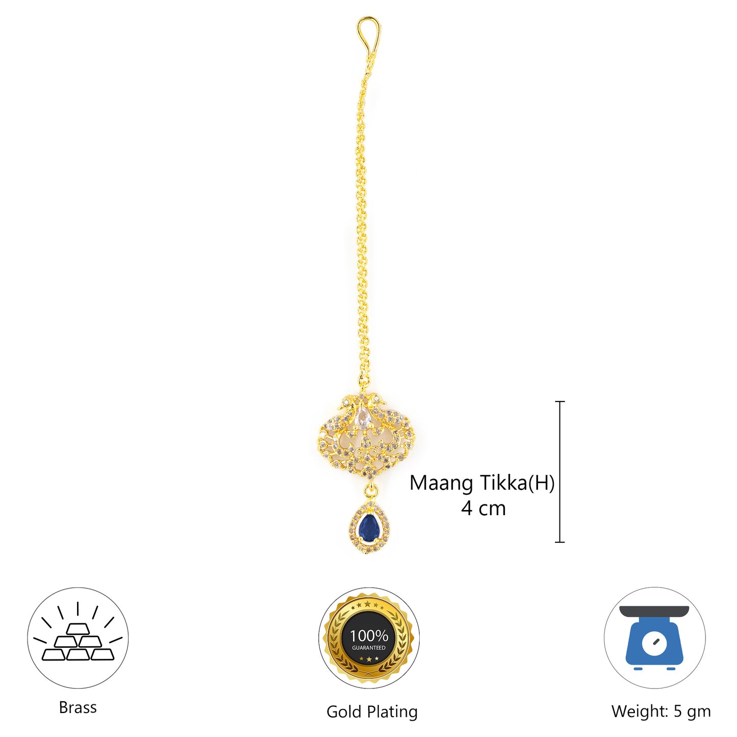 Gold Plated Blue AD Peacock Maang Tikka for Women