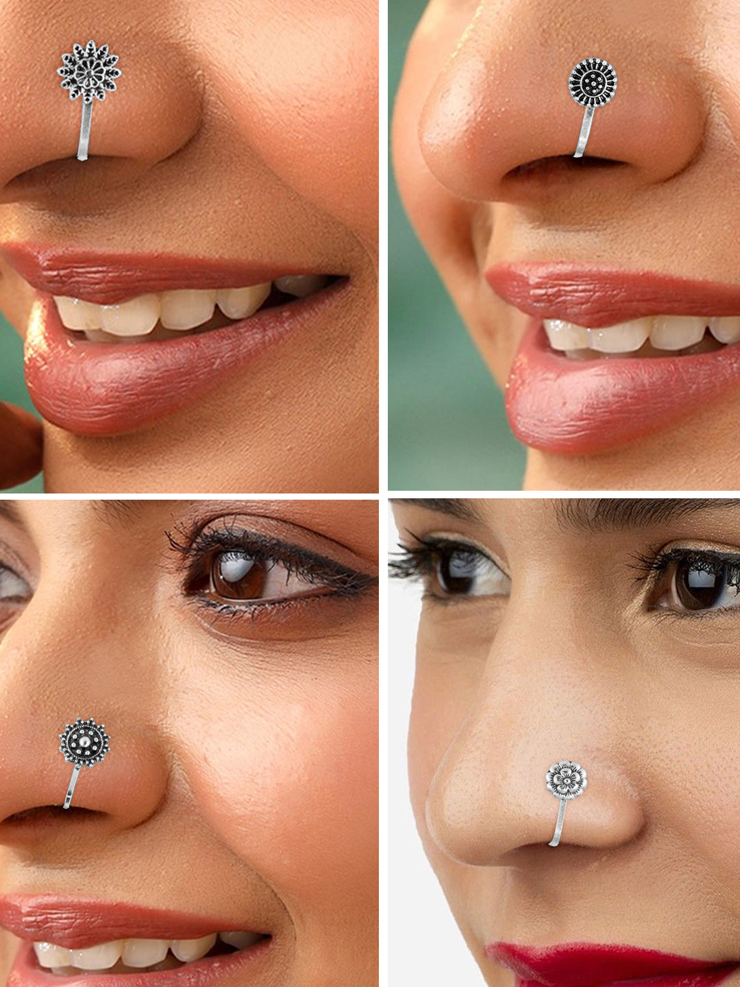 Set of 12 Silver-Oxidised Floral Non-Piercing Nosepins