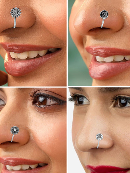 Set of 12 Silver-Oxidised Floral Non-Piercing Nosepins