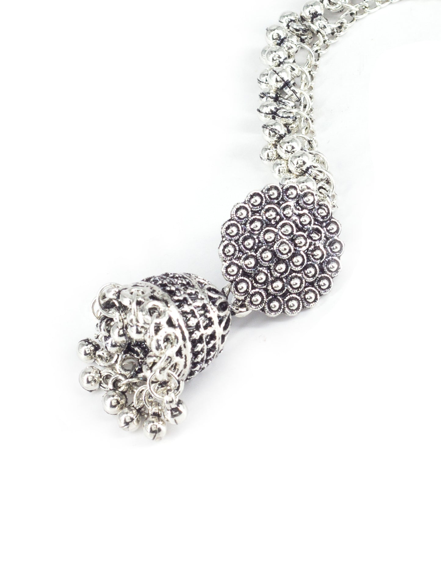 Silver Oxidised Circular Earrings with Ear Chain for Women