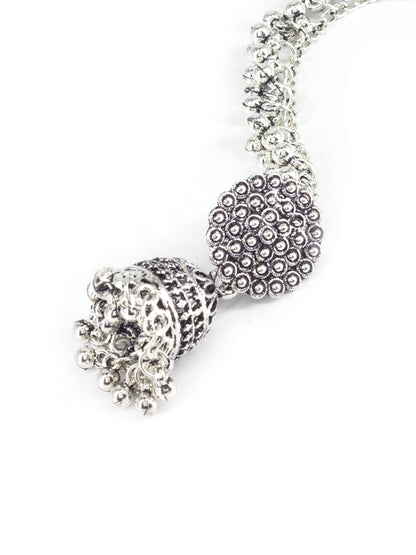 Silver Oxidised Circular Earrings with Ear Chain for Women