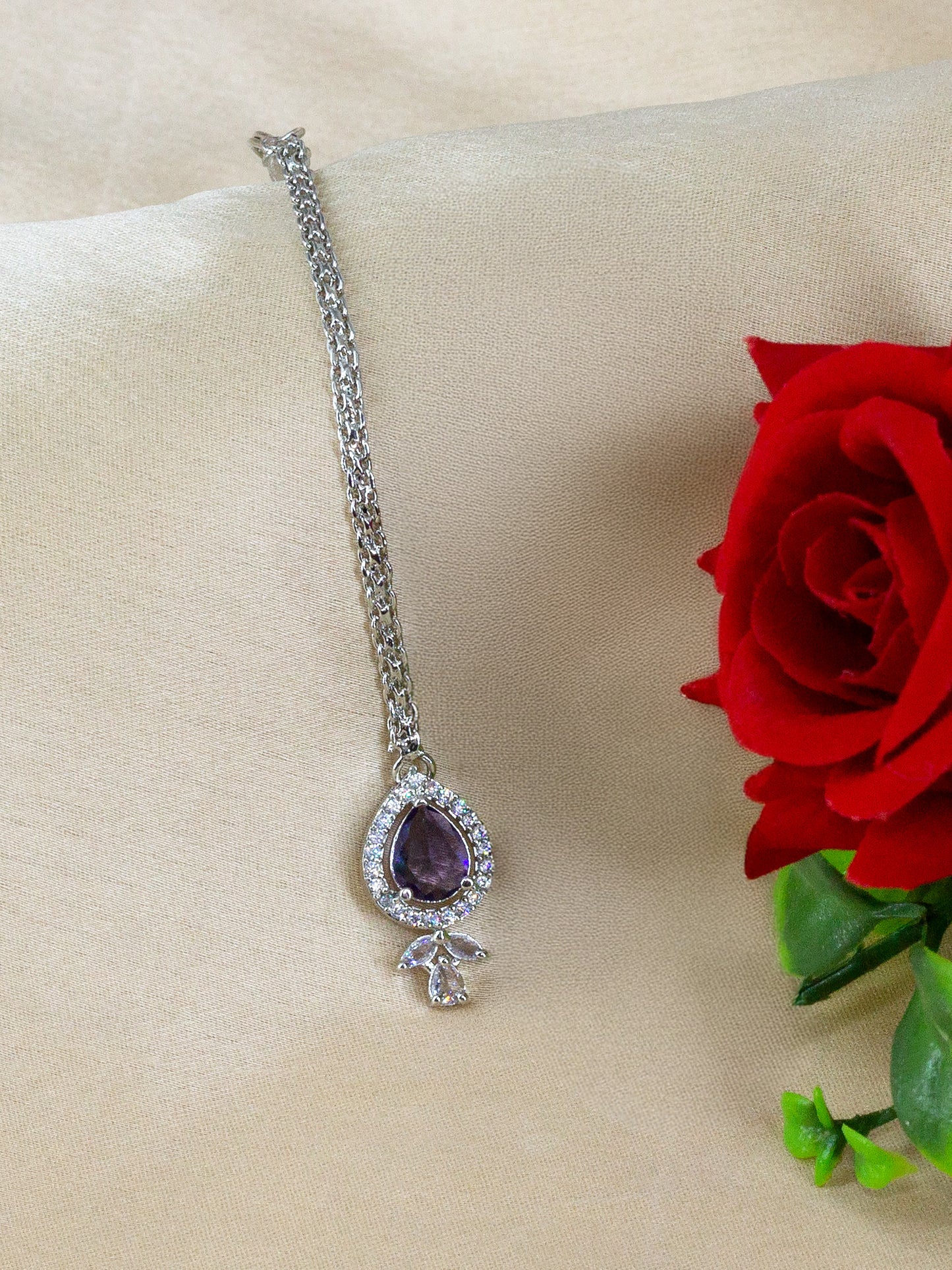 Rhodium Plated Purple American Diamond Maang Tikka for Women