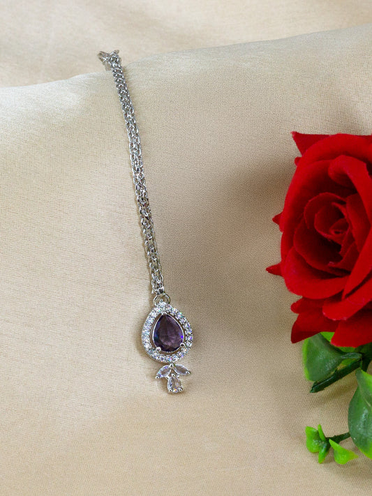 Rhodium Plated Purple American Diamond Maang Tikka for Women