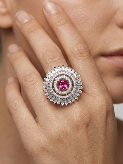 Silver Plated Pink AD Finger Ring for Women