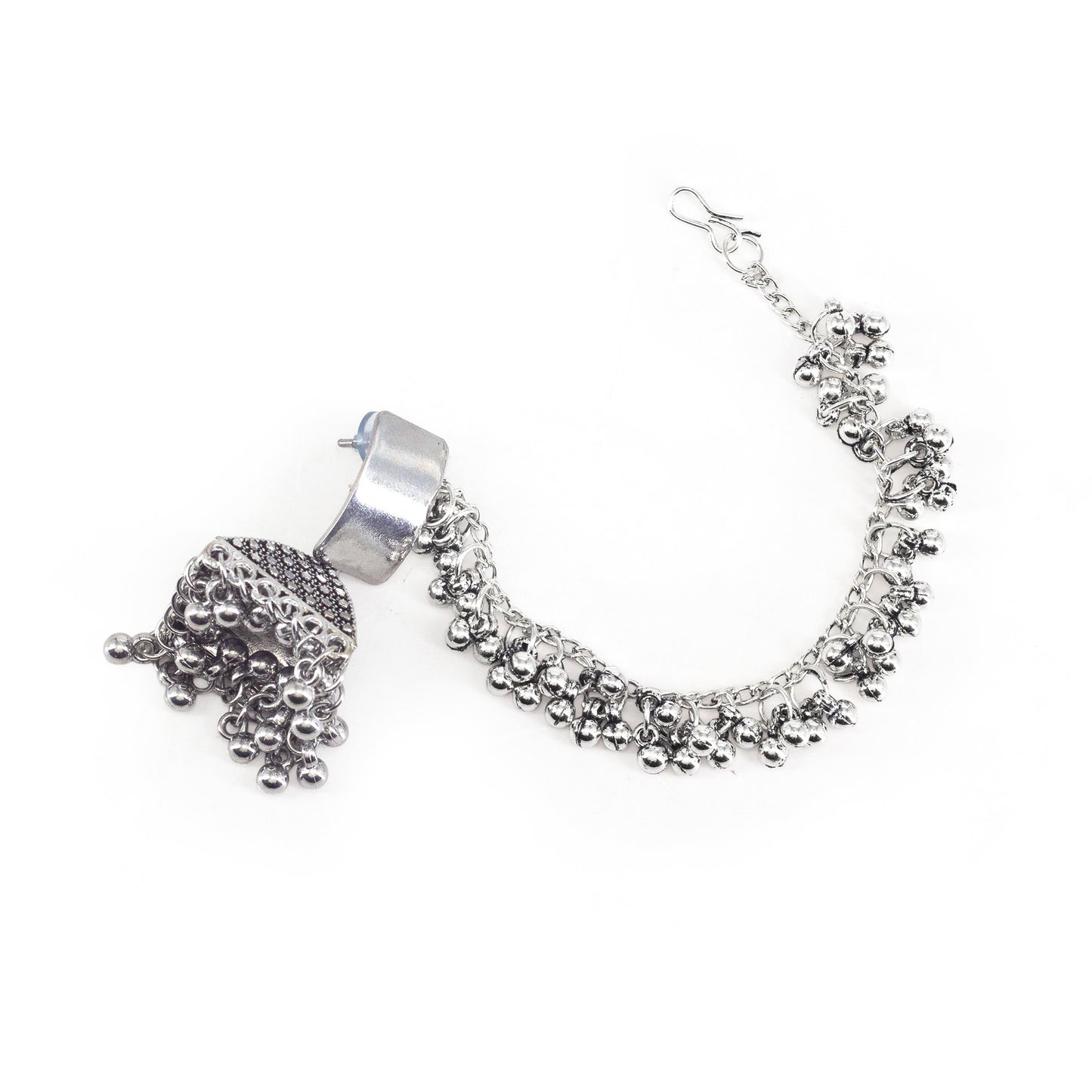Silver Oxidised Jhumka Earring with Chain for Women