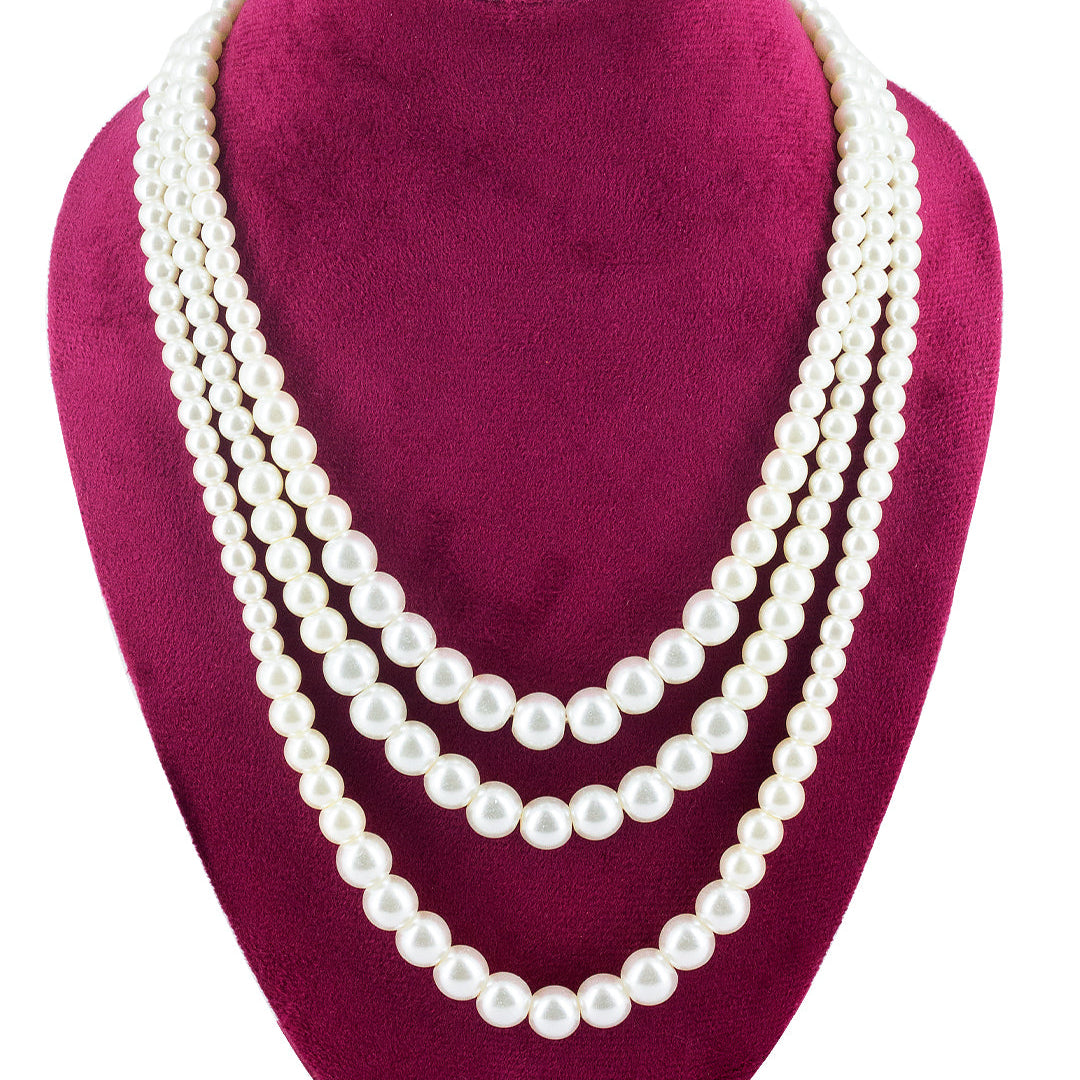 Gold Plated Three Layered Faux Pearl Beaded Trendy Moti Mala Necklace