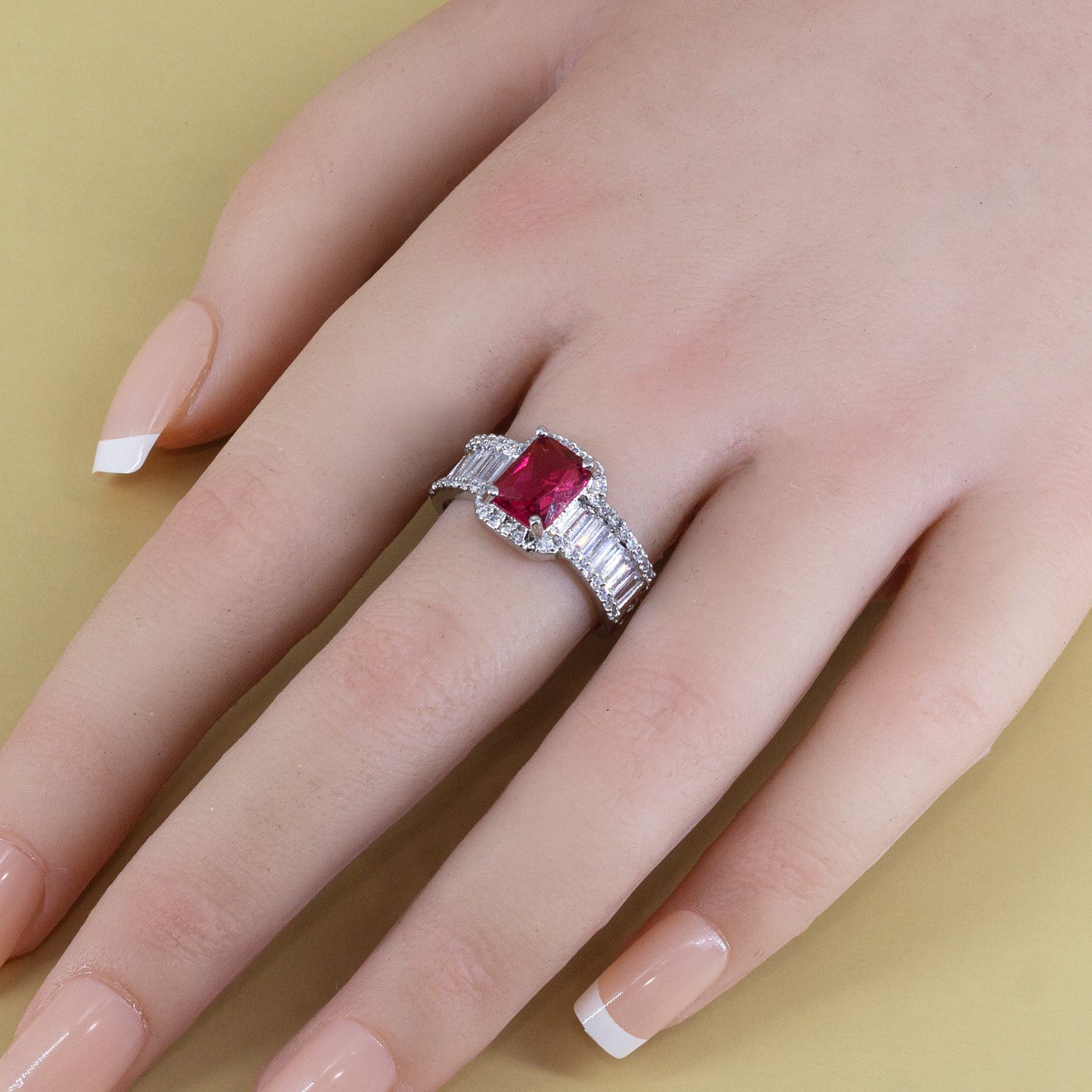 Silver Plated Red American Diamond Adjustable Ring for Women