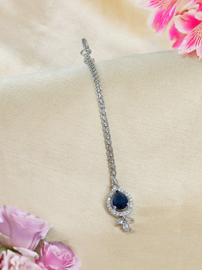 Silver Plated Blue American Diamond Maang Tikka for Women