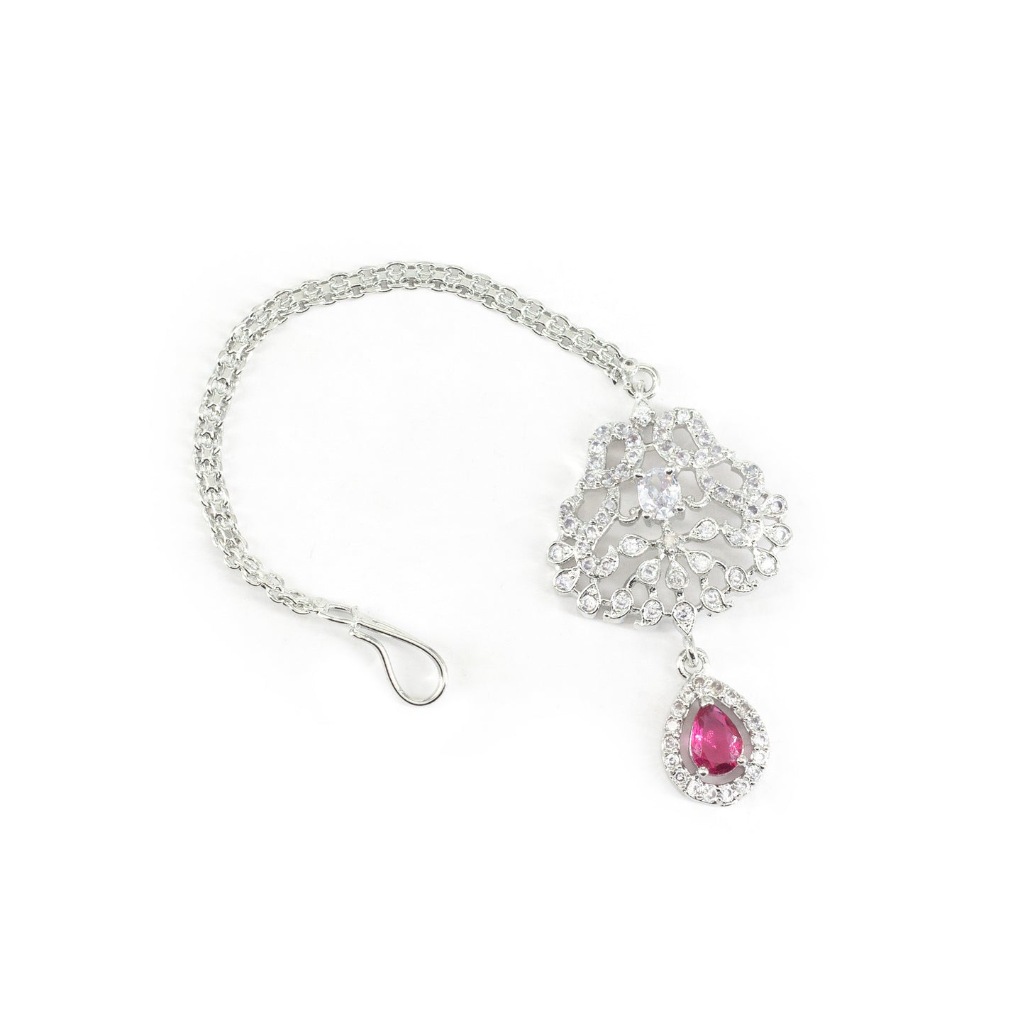Rhodium Plated Red AD Maang Tikka for Women