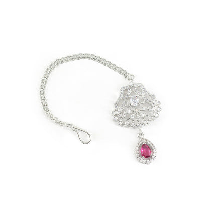 Rhodium Plated Red AD Maang Tikka for Women