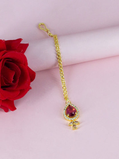 Gold Plated Red American Diamond Maang Tikka for Women