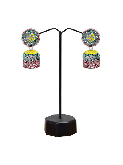 Gold Plated Circular Multi Color Artificial Beaded Jhumki Earrings