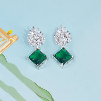 Rhodium Plated Green AD Trendy Drop Earrings
