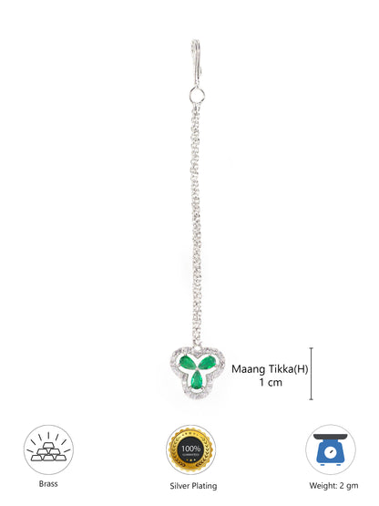 Silver Plated Green AD Maang Tikka for Women