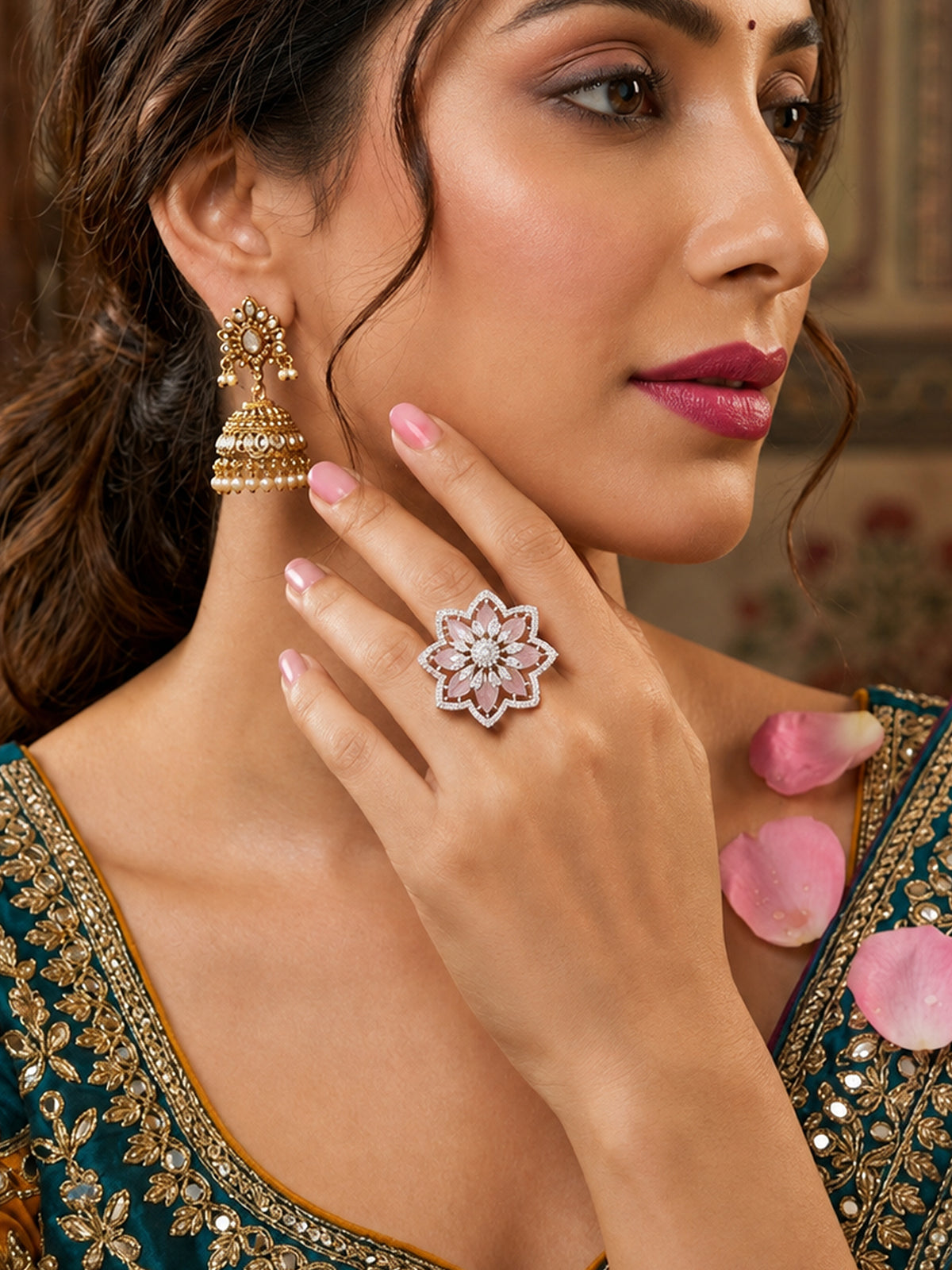 Silver Plated Pink AD Floral Finger Ring for Women