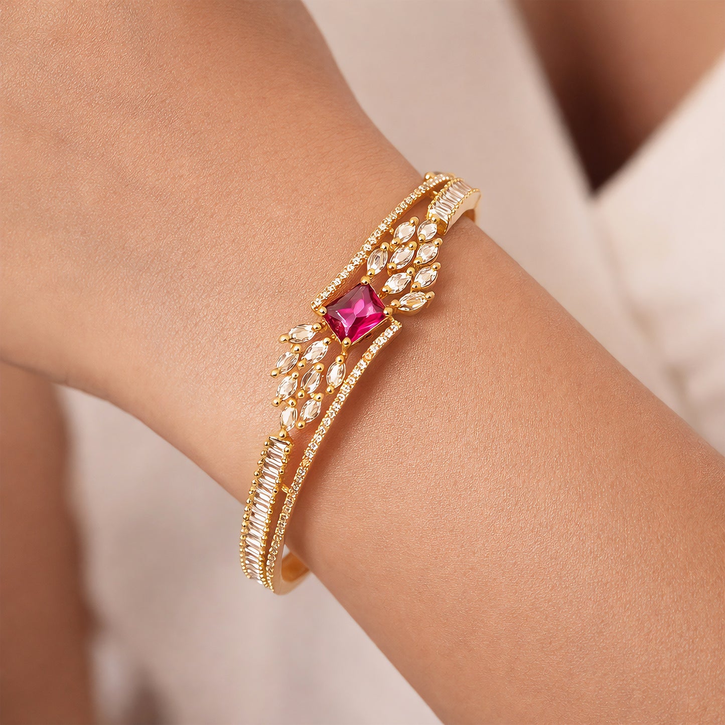 Gold Plated Red AD Leaf Bangle Bracelet for Women