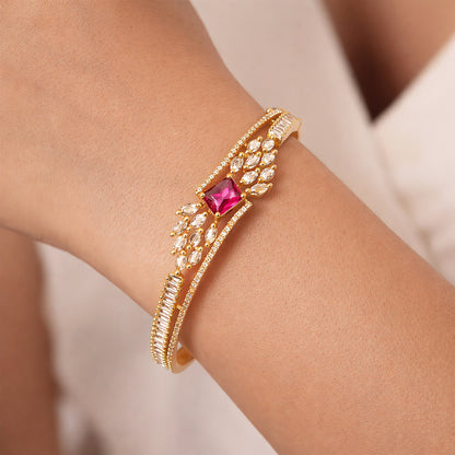 Gold Plated Red AD Leaf Bangle Bracelet for Women