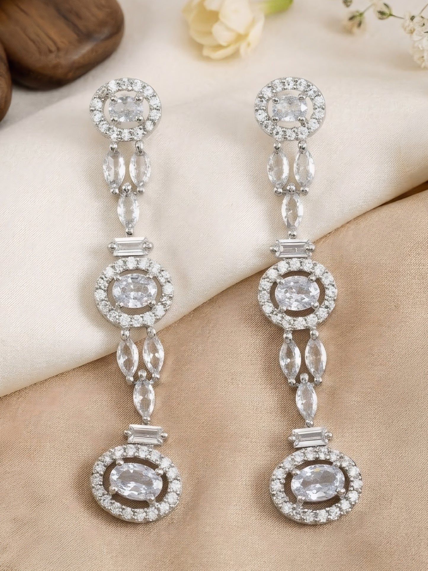 Silver Plated American Diamond Drop Earrings for Women