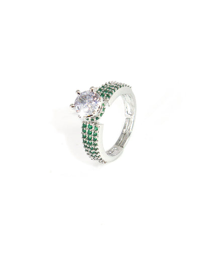 Silver-Plated Green American-Diamond Adjustable Finger Ring