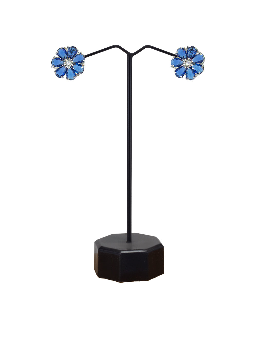 Silver Plated Blue Floral AD Stud Earrings For Women