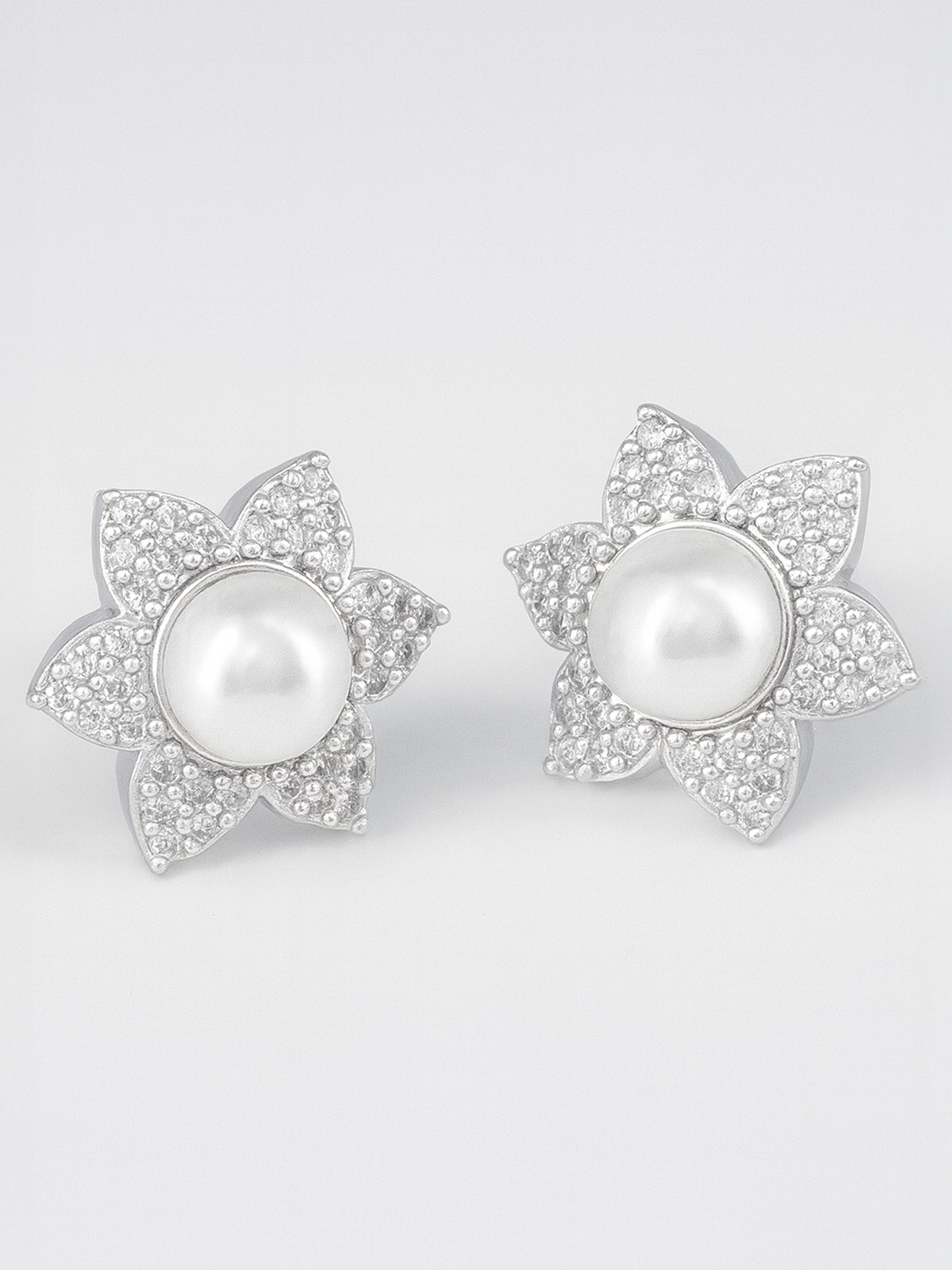 Rhodium Plated AD Floral Stud Earrings for Women