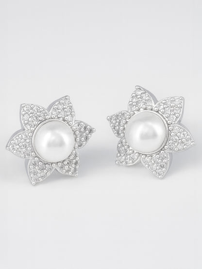 Rhodium Plated AD Floral Stud Earrings for Women